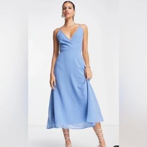 NWT ASOS Cami Wrap Waist Midi Dress Lace Up Back Baby Blue